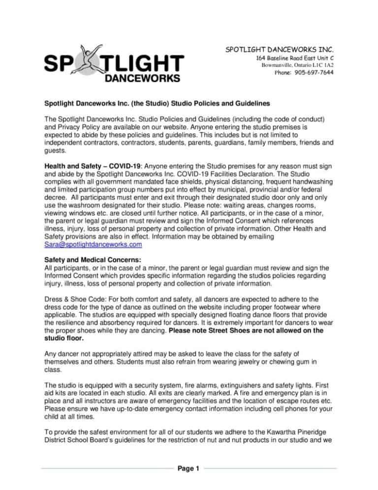 Studio Policies Spotlight Dance Works