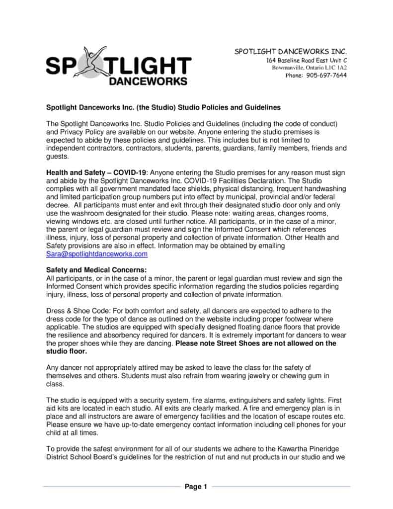 Studio Policies Spotlight Dance Works